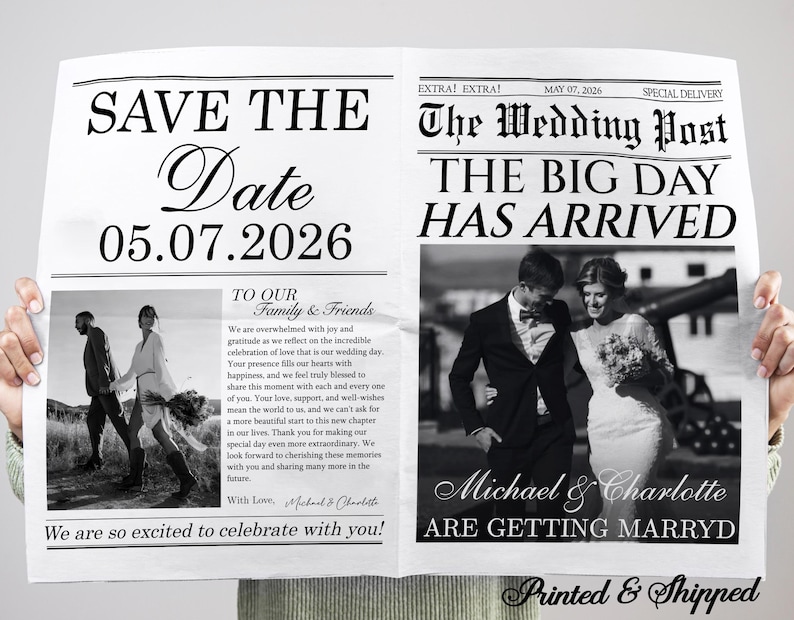 以下が含まれることがあります： 「Save the Date」という見出しと「05.07.2026」の日付が書かれた、新聞スタイルの結婚発表。カップルの写真と「The Big Day Has Arrived」というテキストが含まれています。