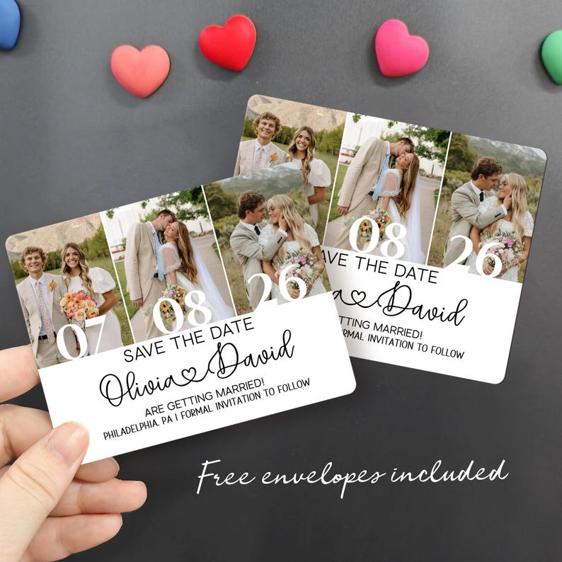 May include: Save the date cards featuring a collage of wedding photos. The cards have the names "Olivia & David" and the wedding dates "07-08-26". The text "ARE GETTING MARRIED! PHILADELPHIA, PA" is also visible. The phrase "Free envelopes included" is written at the bottom.