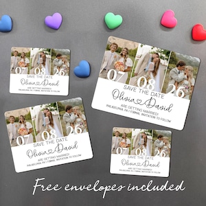 May include: Four rectangular wedding save-the-date magnets with photos of a couple. The magnets have the text "Save the Date" and the names "Olivia & David" with the wedding date. The phrase "Free envelopes included" is at the bottom.