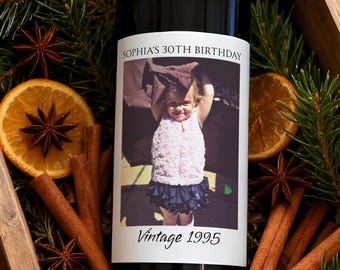 Vintage 1995 Birthday Wine Gift/Custom 30th 40th 60th Birthday Gift for Her/Personalized Photo Birthday Wine Label/Gift Ideas for Friends