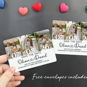 May include: Save the date cards with photos of a couple, featuring the dates 07, 08, and 26. The cards have the names Olivia and David, with the text "Are getting married! Philadelphia, PA". The image includes heart-shaped magnets.