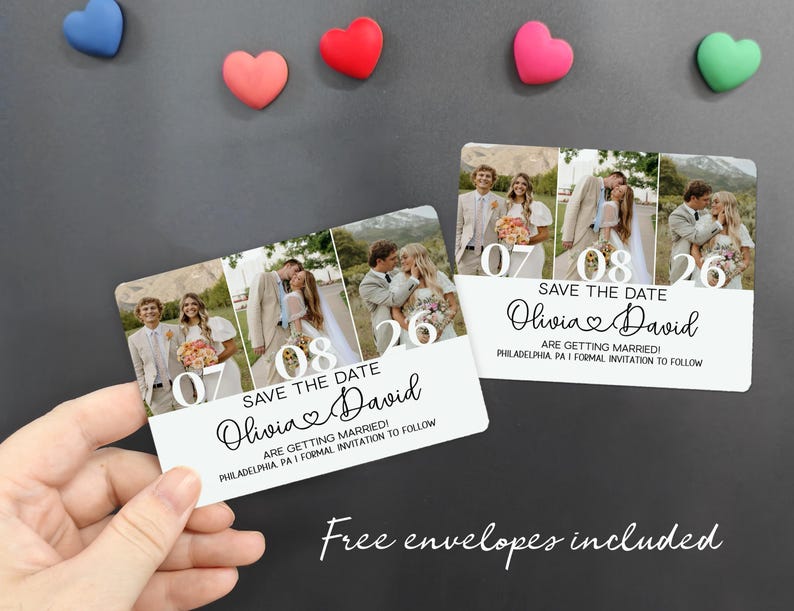 May include: Save the date cards with photos of a couple, featuring the dates 07, 08, and 26. The cards have the names Olivia and David, with the text "Are getting married! Philadelphia, PA". The image includes heart-shaped magnets.