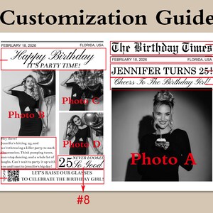 May include: A black and white newspaper-style birthday announcement with the headline "The Birthday Times." It features photos, the text "Jennifer Turns 25!" and "Happy Birthday, It's Party Time!"