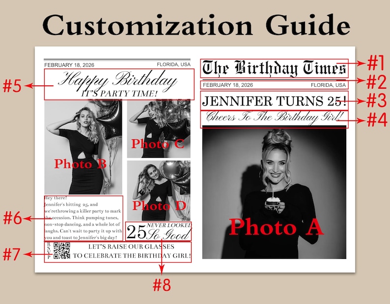May include: A black and white newspaper-style birthday announcement with the headline "The Birthday Times." It features photos, the text "Jennifer Turns 25!" and "Happy Birthday, It's Party Time!"