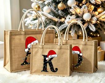 Personalisierte Weihnachtsgeschenkkörbe aus Jute, Geschenktüten mit individuellem Namen