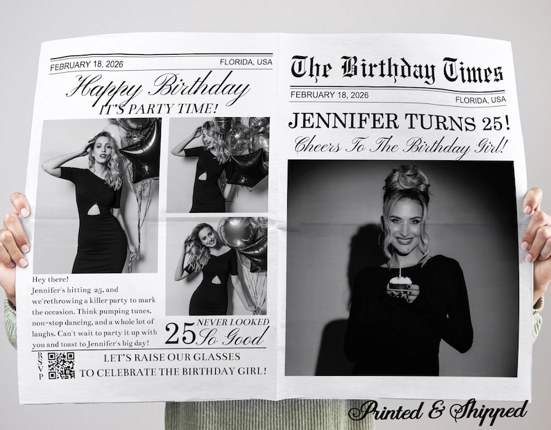 May include: A black and white newspaper-style birthday announcement. The headline reads "Happy Birthday" and "The Birthday Times." The announcement includes photos of a woman, the text "Jennifer Turns 25!" and the phrase "Never Looked 25 So Good."