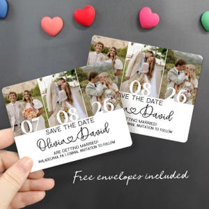 May include: Save the date cards featuring a collage of wedding photos. The cards have the names "Olivia & David" and the wedding dates "07-08-26". The text "ARE GETTING MARRIED! PHILADELPHIA, PA" is also visible. The phrase "Free envelopes included" is written at the bottom.
