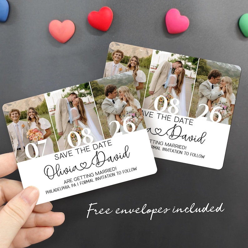 May include: Save the date cards featuring a collage of wedding photos. The cards have the names "Olivia & David" and the wedding dates "07-08-26". The text "ARE GETTING MARRIED! PHILADELPHIA, PA" is also visible. The phrase "Free envelopes included" is written at the bottom.
