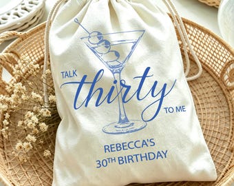 Personalized Hangover Kit Bags: Talk Thirty to Me, Organic Cotton Bags, Martini 30th Birthday Recovery