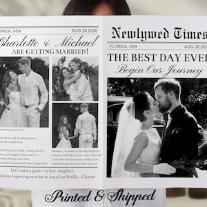 May include: A black and white newspaper-style print with the headline "Newlywed Times" and the date August 28, 2026. The print features photos of a couple, with the text "Charlotte & Michael ARE GETTING MARRIED!" and "THE BEST DAY EVER Begin Our Journey."