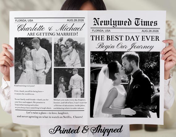 Large Wedding Newspaper/Newlywed Times/Printed Wedding Day Newspaper/Modern-Classic Wedding Folded Newspaper/Engagement Announcement