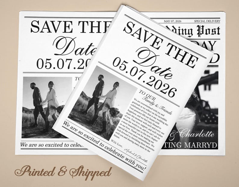 以下が含まれることがあります： 「Save the Date」のタイトルと「05.07.2026」の日付が入った新聞スタイルの結婚発表。カップルの白黒写真と「We are so excited to celebrate with you!」のテキストが含まれています。