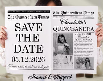 Quinceañera Save the Date Newspaper/Personalized Printed  Sweet 15 Announcement/Large Birthday Newspaper/Vintage Newspaper Party Decor