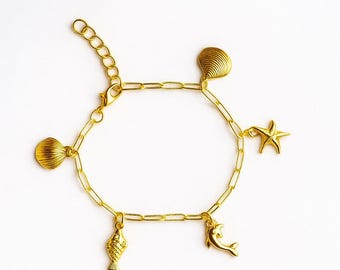 Gold Ocean Charm Armband - Mermaid Strand Schmuck mit Seestern-, Delfin-, Muschel- und Fischanhängern
