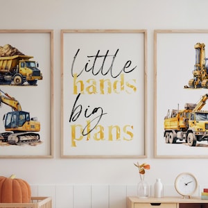 Kinderzimmer Deko Posterset Baustelle Bagger Lastwagen gelb Wandbild A3 A4 Geschenk Taufe Babyparty Geburtstag Einschulung Junge Mädchen