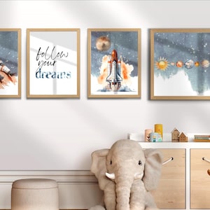 Children&#39;s room 4-piece poster set space astronaut rocket planet solar system blue baby room wall decoration A4 A3 A2 gift baby shower birth school