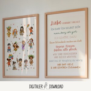 May include: Two framed art prints. The left print features watercolour illustrations of children in diverse cultural attire. The right print has text in German, including the words "Liebe" and "Wir sind viele". Both are in light wood frames.