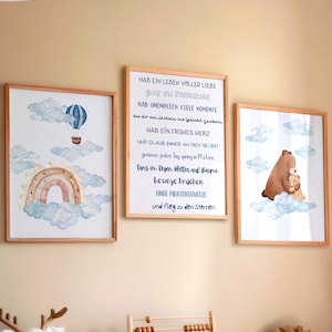Kinderzimmer Deko Poster Bär Regenbogen Heißluftballon Affirmationen blau Wandbild A4 A3 Geschenk Babyparty Geburtstag Schule Junge Mädchen