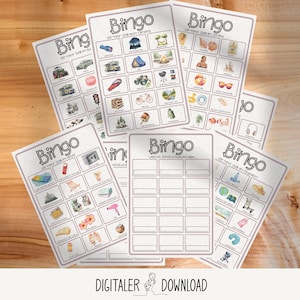 Summer Bingo Holiday Activity for Children in the Plane, Car, Train, Hotel, Beach, Camping Travel Last Minute Game