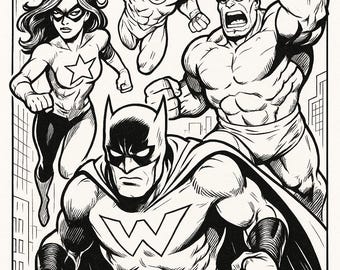 Op de afbeelding: Zwart-wit illustratie van vijf superhelden in actieposes. De personages zijn onder meer een vrouwelijke superheld met een stersymbool, een vliegende held met een cirkelsymbool, een gespierde held en een held met een vleermuisachtig masker en cape.