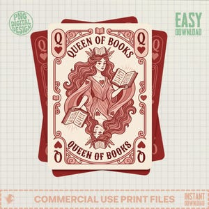 Reina de los Libros PNG digital, Arte de descarga instantánea, Ilustración de tarjeta de lectura literaria, Regalo para amantes de los libros, Impresión de reina de fantasía caprichosa, Lector