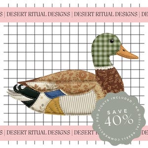 Art en patchwork de canard colvert, clipart d'animaux de la ferme matelassé (téléchargement numérique PNG)