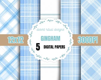 Boho Blue Gingham Plaid Checkered 12x12 Digital Paper Pack | PNG Instant Download | Printable | 300dpi