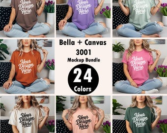May include: A mockup bundle of Bella + Canvas 3001 t-shirts in various colors. Each shirt displays the text "Your Design Here" in a white script font. The image also includes a graphic with the text "24 Colors".