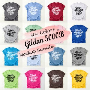 May include: A mockup bundle of Gildan 5000B t-shirts in various colors. Each shirt displays the text "Your Design Here" in a stylized font. The image includes a range of colors, including gray, blue, red, white, green, pink, and yellow.