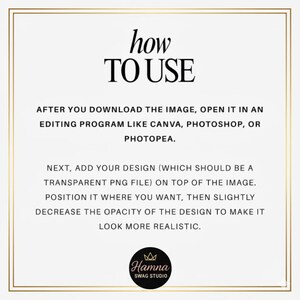 May include: White background with gold border and text that reads "how TO USE". Instructions are provided on how to use the image in editing programs like Canva, Photoshop, or Photopea. The Hamna Swag Studio logo is at the bottom.
