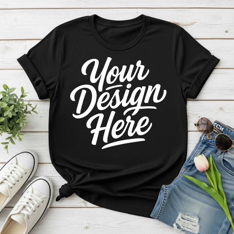 May include: Black t-shirt with the text "Your Design Here" in white script. The shirt is styled with rolled-up sleeves and a knotted hem. Accessories include white sneakers, sunglasses, and denim shorts with a flower.
