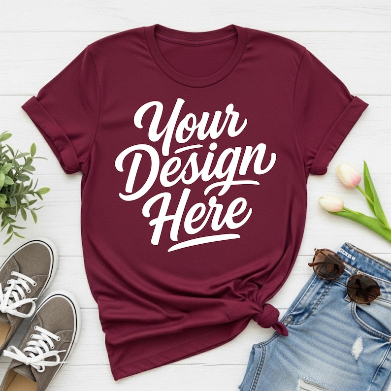 May include: A maroon t-shirt with the text "Your Design Here" in white script. The shirt is styled with rolled-up sleeves and a knot at the bottom. Gray sneakers and blue jeans with sunglasses are also in the image.