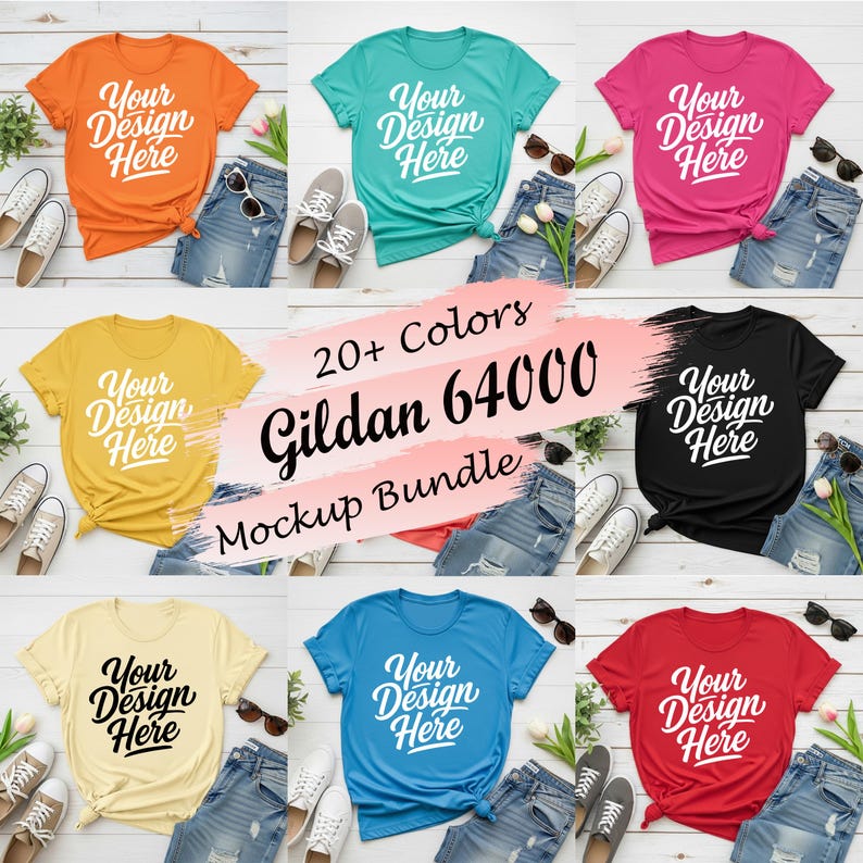 May include: A collection of Gildan 64000 t-shirts in various colors including orange, teal, pink, yellow, black, cream, blue, and red. Each shirt features the white or black text Your Design Here. The bundle includes over 20 color options.