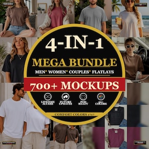May include: A digital marketing graphic for a 4-in-1 mega bundle of 700+ t-shirt mockups. The central black circular badge features gold text reading 4-IN-1 MEGA BUNDLE, MEN WOMEN COUPLES FLATLAYS, and 700+ MOCKUPS, with icons for lifetime access and updates.