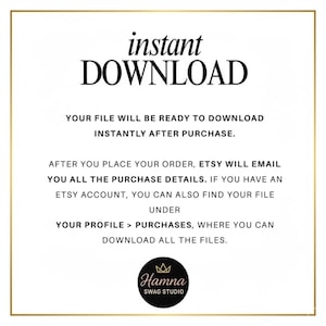 May include: White background with gold border and black text that reads "instant DOWNLOAD". Additional text explains how to download files after purchase. A circular logo at the bottom says "Hamna SWAG STUDIO".