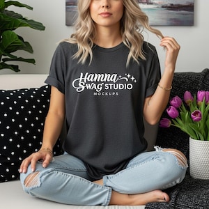 Bella Canvas 3001 Dark Grey Heather T-Shirt Mockup | BC3001 Mock-ups | Neutral Boho Aesthetic | Summer & Fall T-Shirt Mockups
