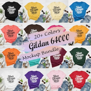 May include: A collection of Gildan 64000 t-shirts in various colors, each with the text "Your Design Here." The image includes a mockup bundle with over 20 colors, paired with denim shorts, sunglasses, and sneakers.