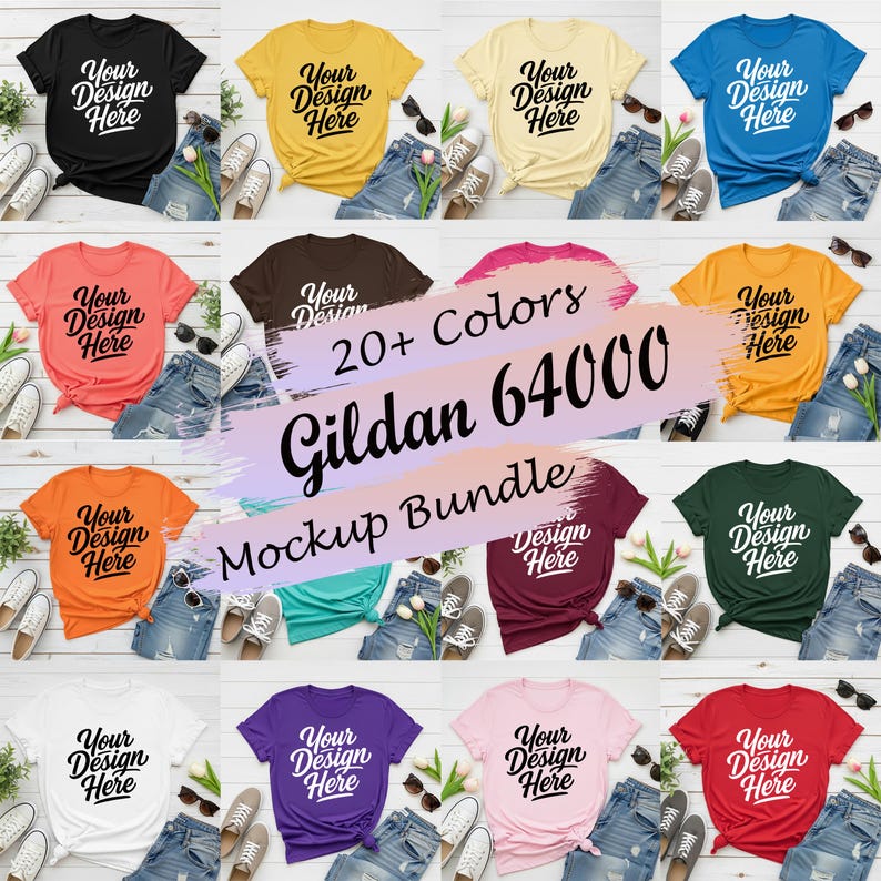 May include: A collection of Gildan 64000 t-shirts in various colors, each with the text "Your Design Here." The image includes a mockup bundle with over 20 colors, paired with denim shorts, sunglasses, and sneakers.