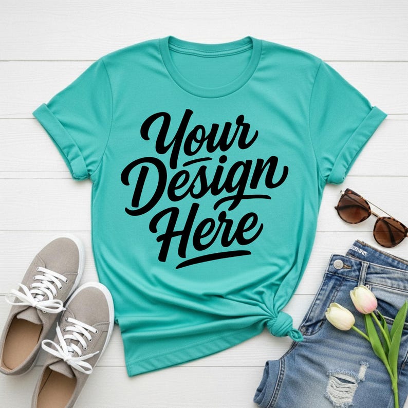 May include: A turquoise t-shirt with the text "Your Design Here" in black script. The shirt is paired with gray sneakers, sunglasses, and denim jeans. A pair of white and pink tulips are also included.