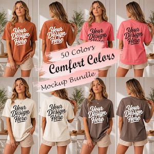 Peut inclure: Une collection de t-shirts à manches courtes dans diverses couleurs, notamment rouille, rose, crème et marron. Chaque t-shirt porte le texte Your Design Here imprimé dans une police manuscrite grasse. Les t-shirts sont présentés de face et de dos.