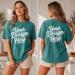 Comfort Colors 1717 Emerald Shirt Mockup, Front and Back T Shirt Mockup, Female Model Tee Mockup, Boho Lifestyle Mockup, Digital Download