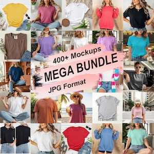 May include: A collage of various t-shirts in different colors, including yellow, pink, white, black, and blue. The image also includes the text "400+ Mockups MEGA BUNDLE JPG Format".