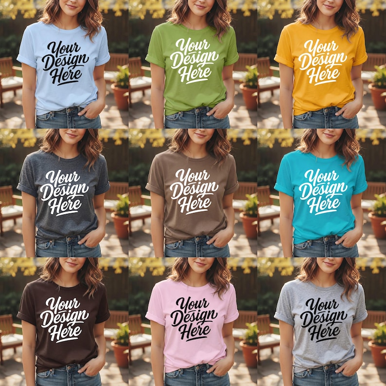 May include: A collection of nine short-sleeve crew neck t-shirts in various solid colors including light blue, olive green, yellow, dark gray, brown, teal, dark brown, light pink, and light gray, each featuring the text Your Design Here.