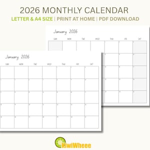 2026 Printable Calendar Monthly Planner  Sunday Monday Start  Wall Calendar Minimalist Calendar Instant Download Year Calendar A4 Letter