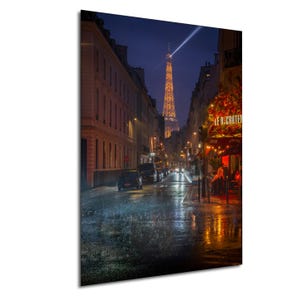 Paris Eiffel Tower Photo With Rain Reflections Red Café Lights Street Scene And City Night Photography French Urban Wall Art Print