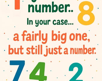 Puede incluir: Una tarjeta de cumpleaños con el texto "La edad es solo un número... En tu caso... uno bastante grande, pero aún así solo un número." Números coloridos 1, 3, 8, 74, 4, 2, 38, 7 y 4 dispersos sobre un fondo crema.
