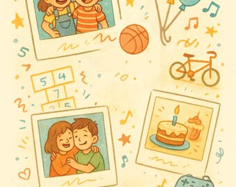 Puede incluir: Ilustración de tarjeta de cumpleaños con fondo amarillo claro. Presenta fotos estilo polaroid de niños, globos, una pelota de baloncesto, una bicicleta y un mando de videojuegos. El texto dice: "Hemos compartido toda una vida de caos y recuerdos, y todavía me alegro de que seas mi hermano/a. Feliz cumpleaños."