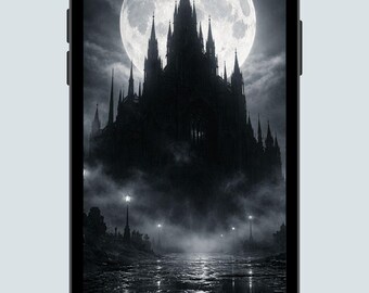 Puede incluir: Un smartphone muestra una imagen en blanco y negro de un castillo gótico bajo la luna llena. El castillo se siluetea contra la luna, creando una escena oscura y atmosférica. La imagen evoca una sensación de misterio.
