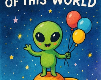 Puede incluir: Ilustración caprichosa de un extraterrestre verde sosteniendo tres globos, de pie sobre un planeta con un anillo. El fondo es un cielo estrellado con el texto "You're out of this world."