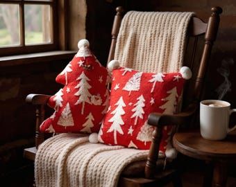 Red Christmas Pillow: Handmade Tree Pattern with Pom-Poms